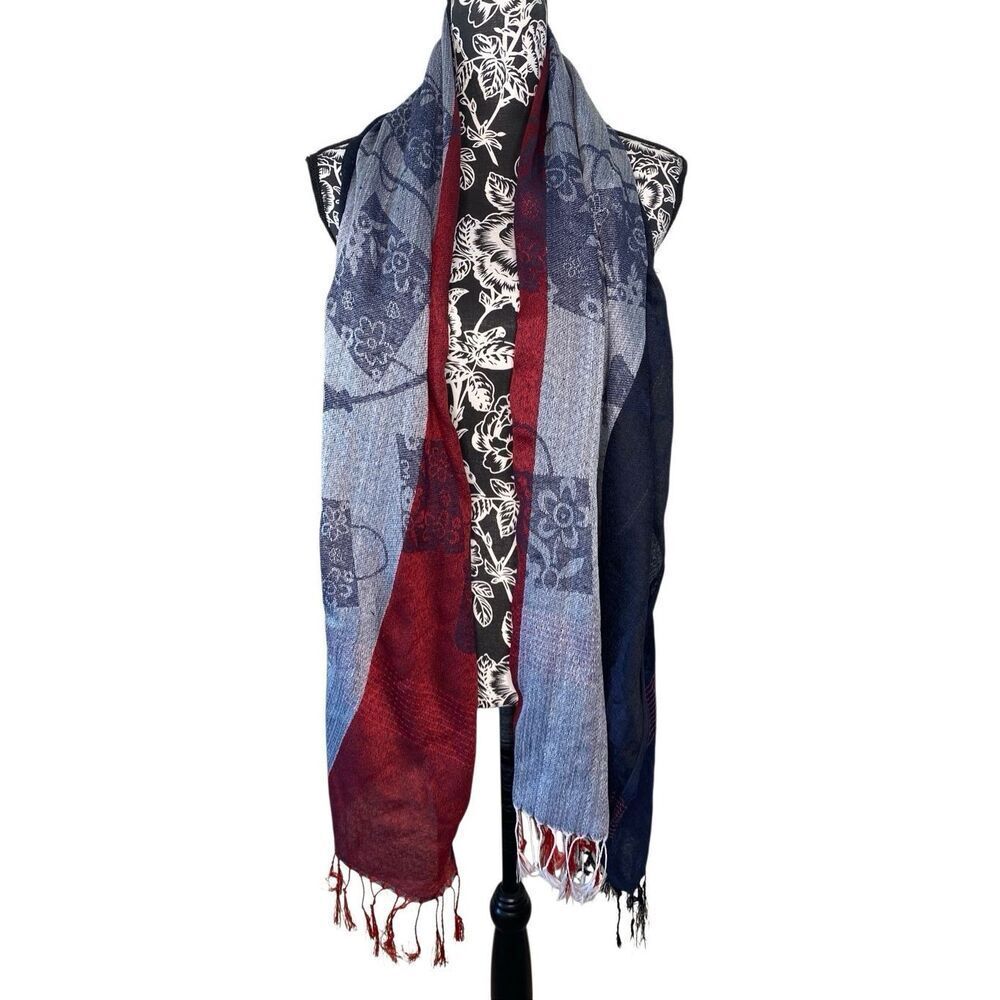 Red Blue Floral Block Print Jerusalem Wrap Shawl Scarf Fringe Large Lightweight